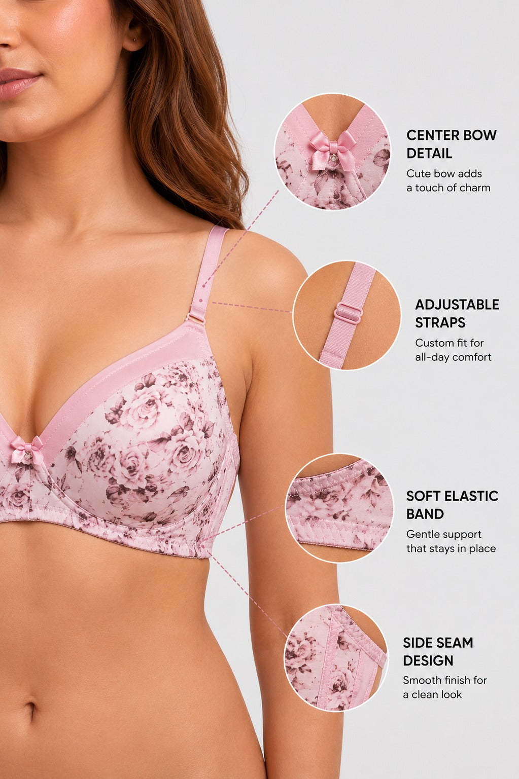 Satin Trim T-Shirt Bra – Padded, Wirefree, Full Coverage (Dawn Pink)