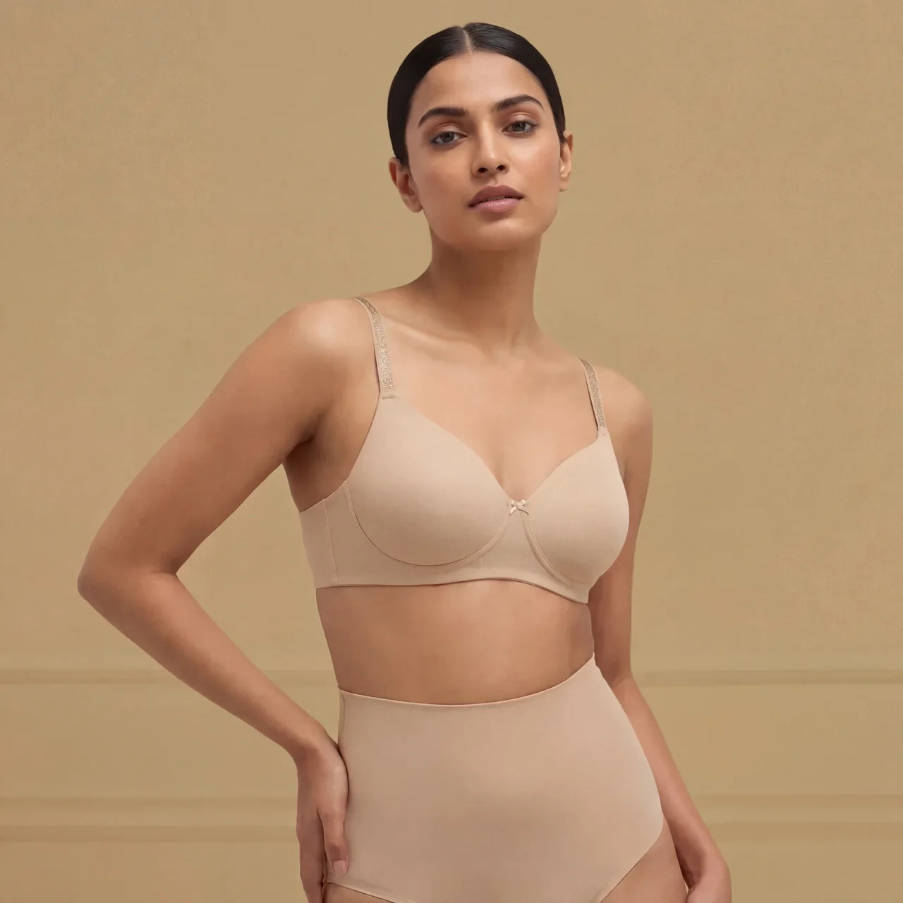 Glitter Straps Padded Non Wired 3/4Th Coverage T-Shirt Bra - Skin