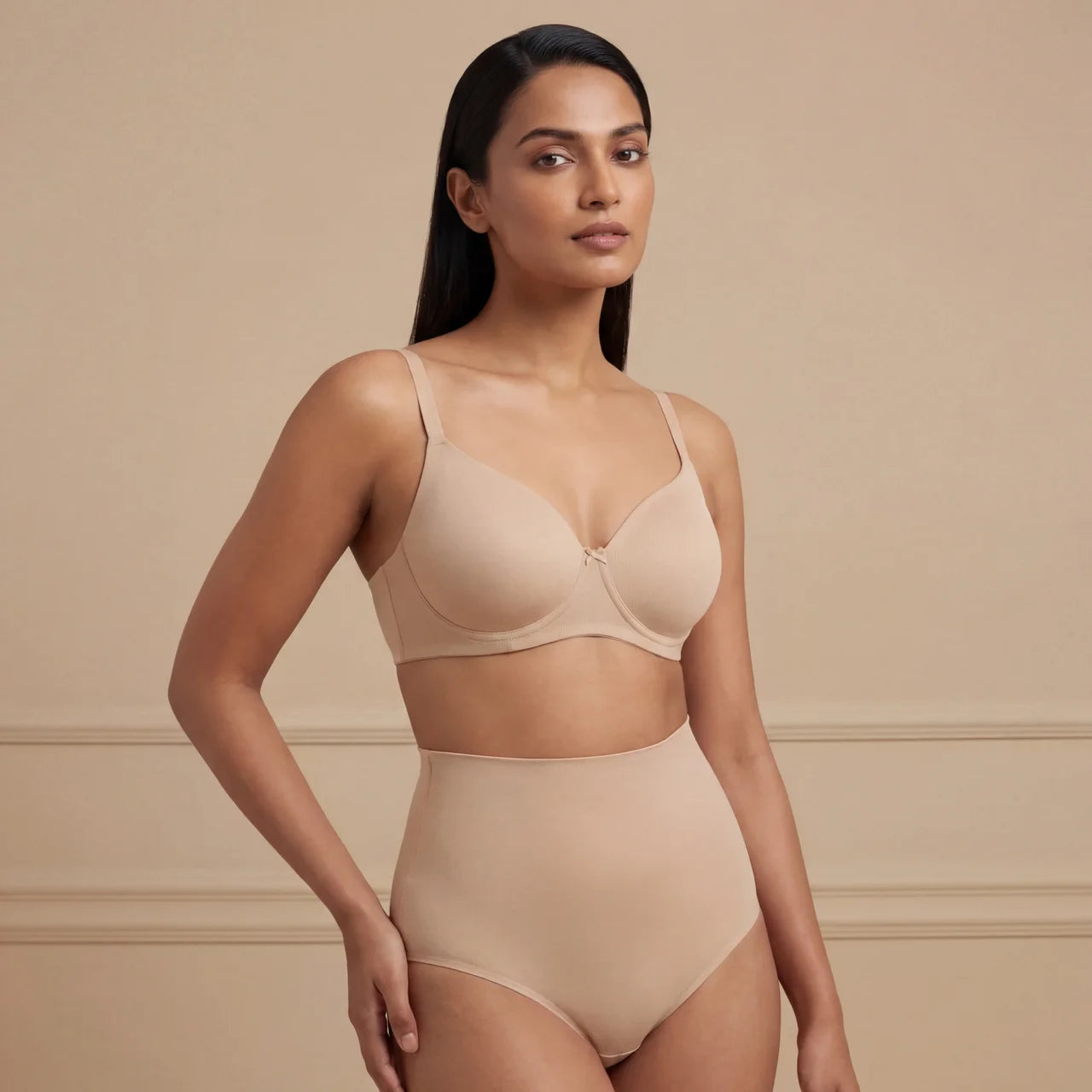 Glitter Straps Padded Non Wired 3/4Th Coverage T-Shirt Bra - Skin